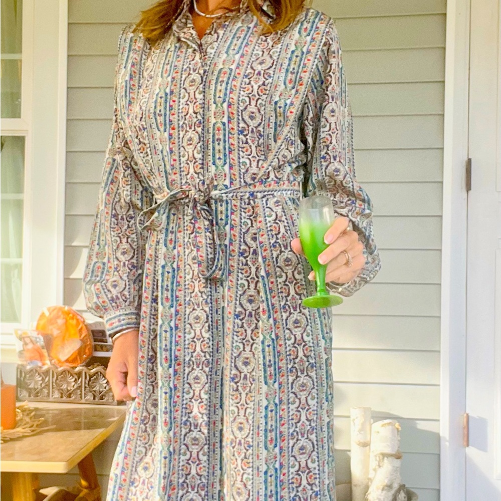 Vintage 1960s Schrader Lotus Print Dress with Original Belt and Hair Tye!